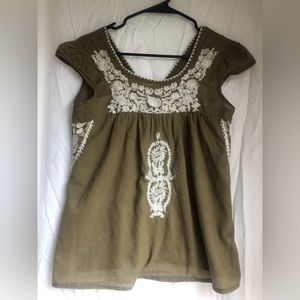 Solitaire Women’s Army Green Embroidered Short Sleeve Blouse